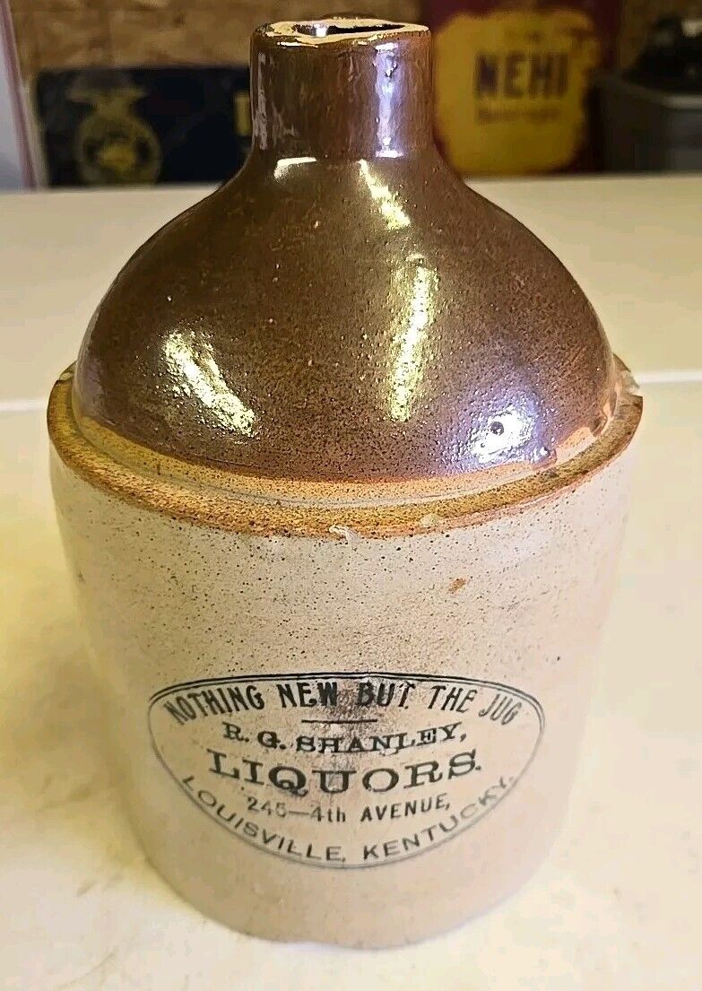 Antique R.G. Shanley Louisville KY Advertising Stoneware Whiskey Jug Nothing New