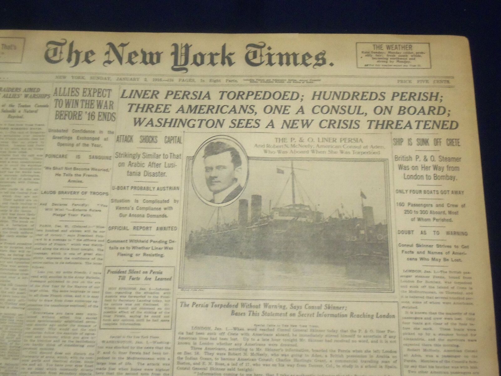 1916 JANUARY 2 NEW YORK TIMES - PERSIA TORPEDOED, HUNDREDS PERISH - NT 9049