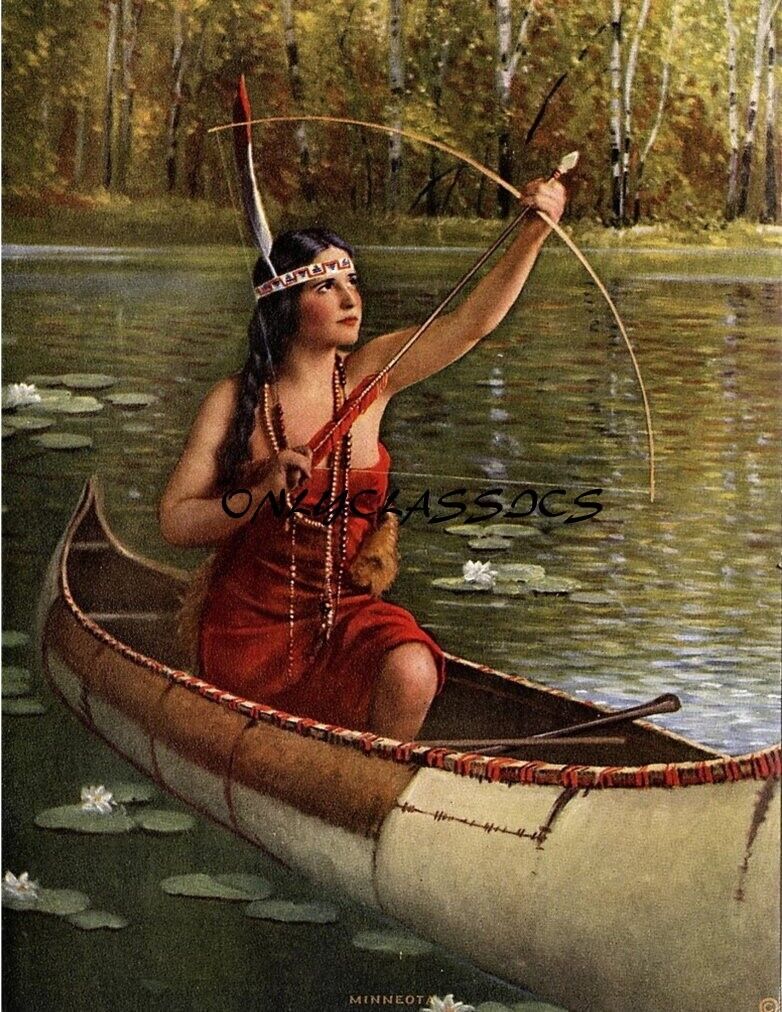 Antique 1926 Art Deco PinUp Print Indian Maiden Minneota Bow & Arrow Canoe