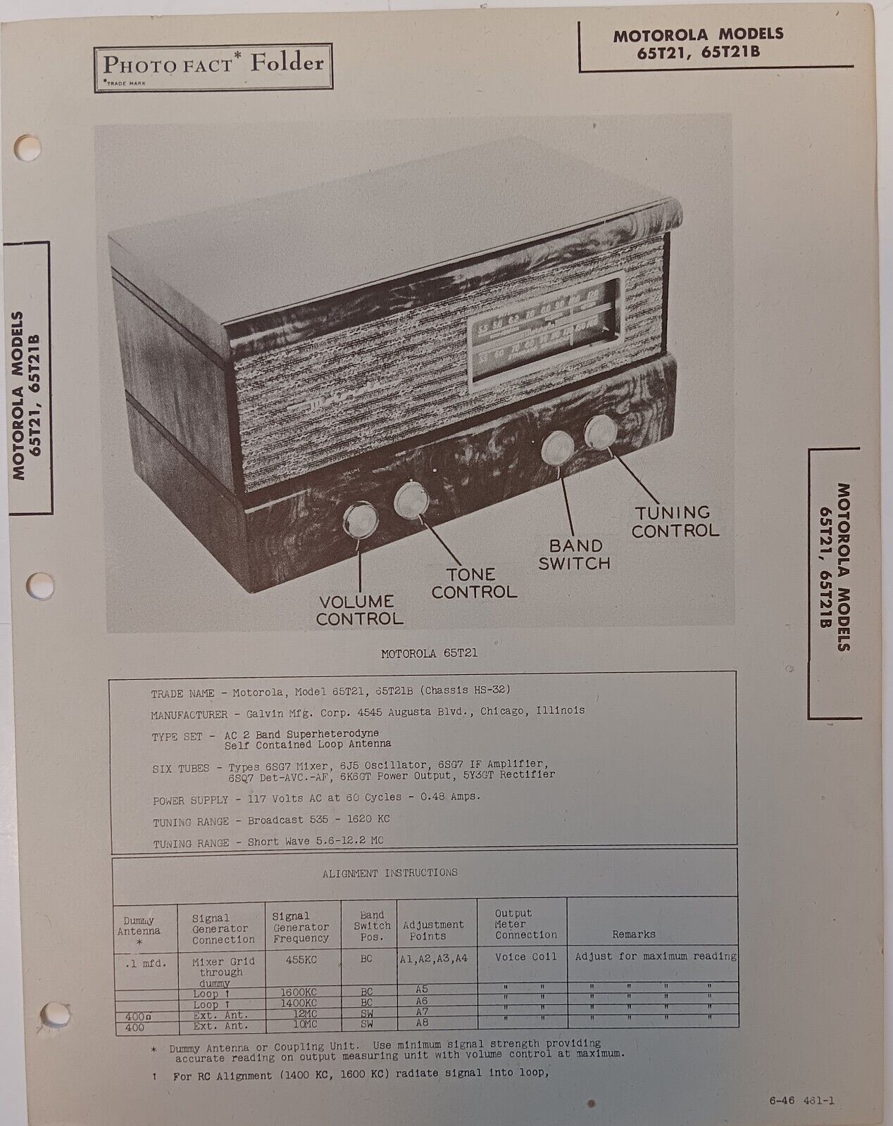 Photo Fact Data 1946 Motorola Model 65T21 & 65T21B Broadcast Table Radio.