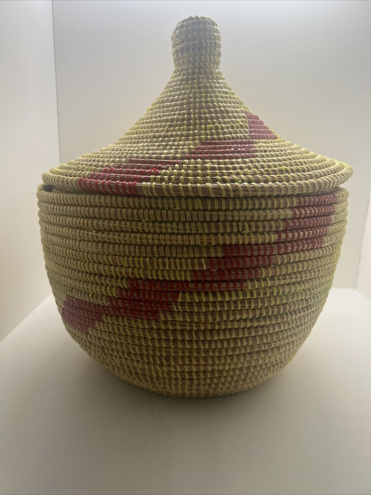 Authentic Large African Coiled Basket and Lid Sweet Grass  (WISHING BASKET)