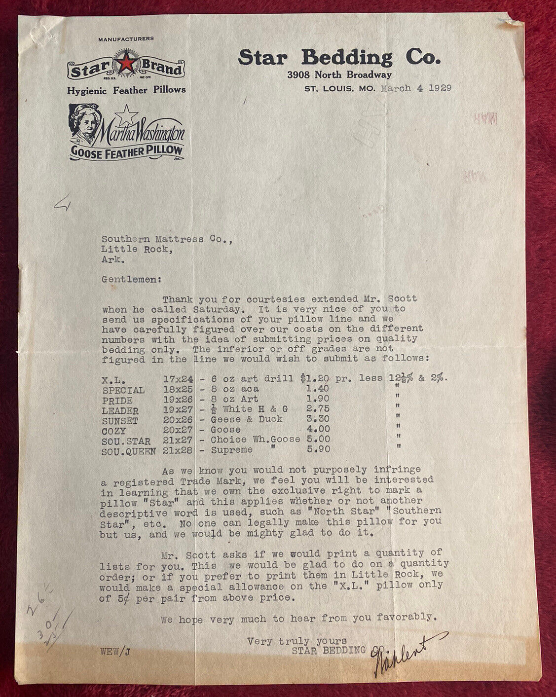 Vintage 1929 Star Bedding Company of St Louis Missouri MO Letterhead Paper