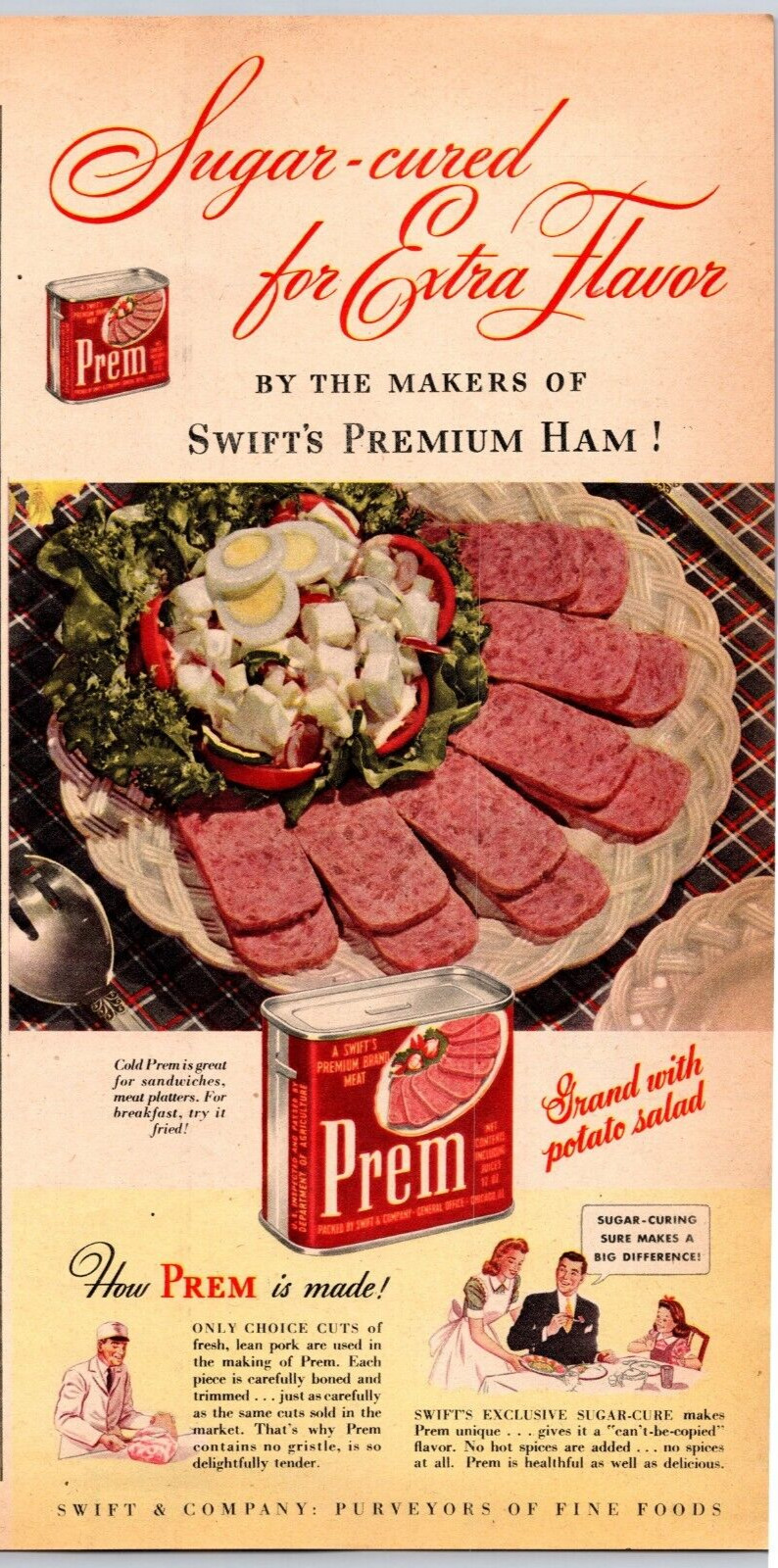 1941 Print Ad Swift\'s Prem Sugar Cured for Extra Flavor Grand with Potato Salad