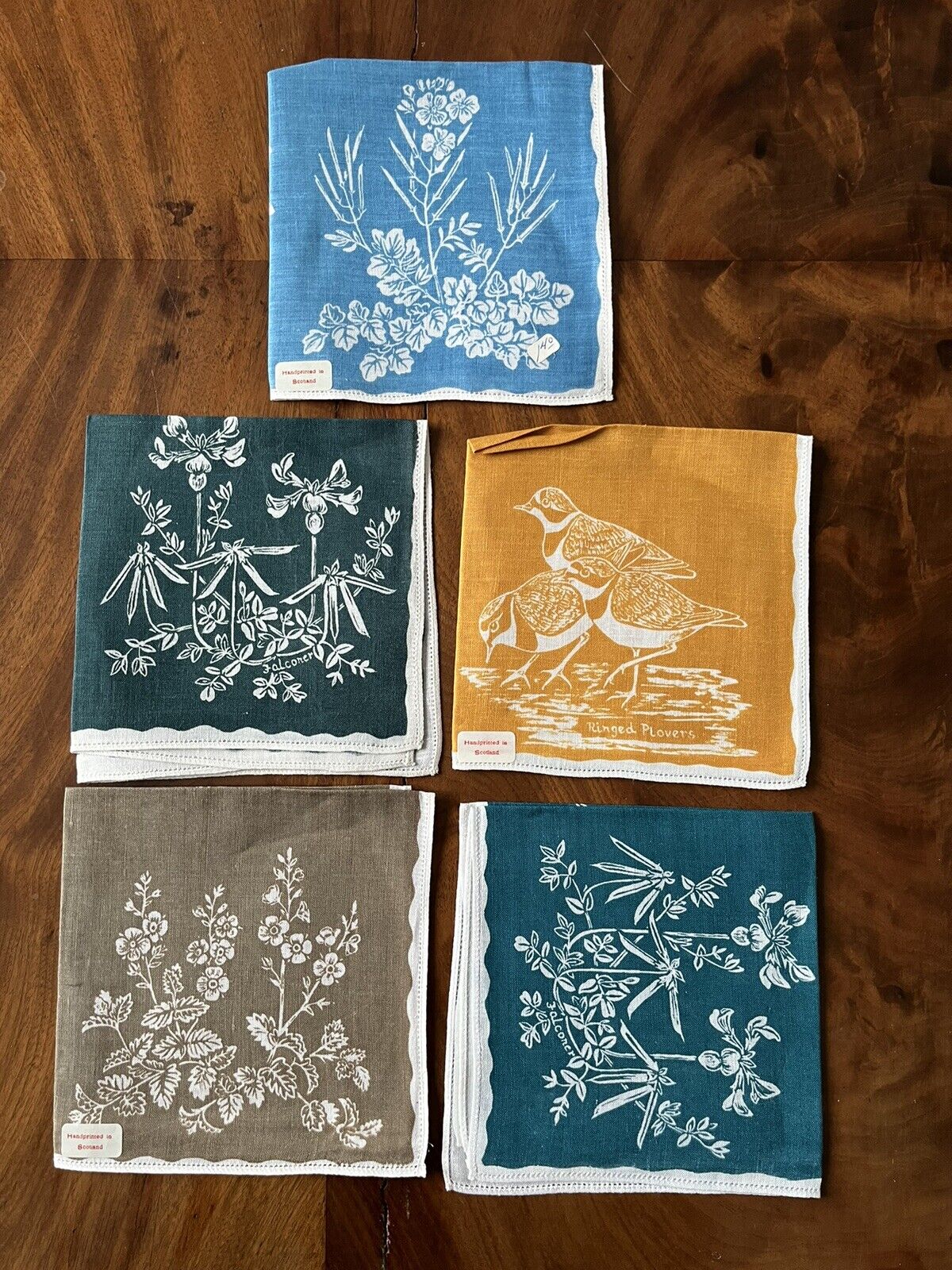 Hand Printed Scotland 5 Linen Napkins Flowers Birds 11”