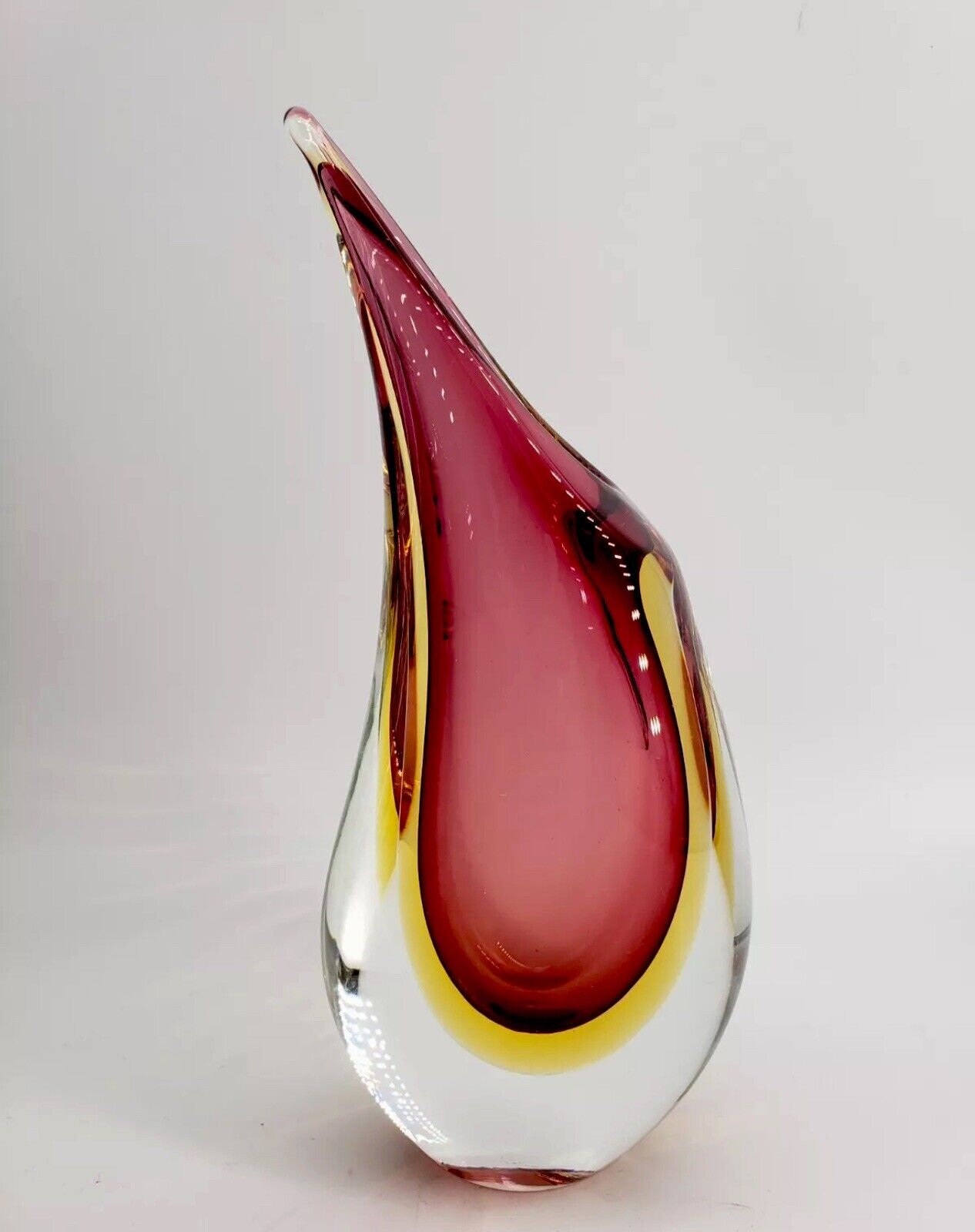 Vintage 60's Murano Sommerso Flavio Poli Yellow Pink Fish Tail Art Glass Vase 9”