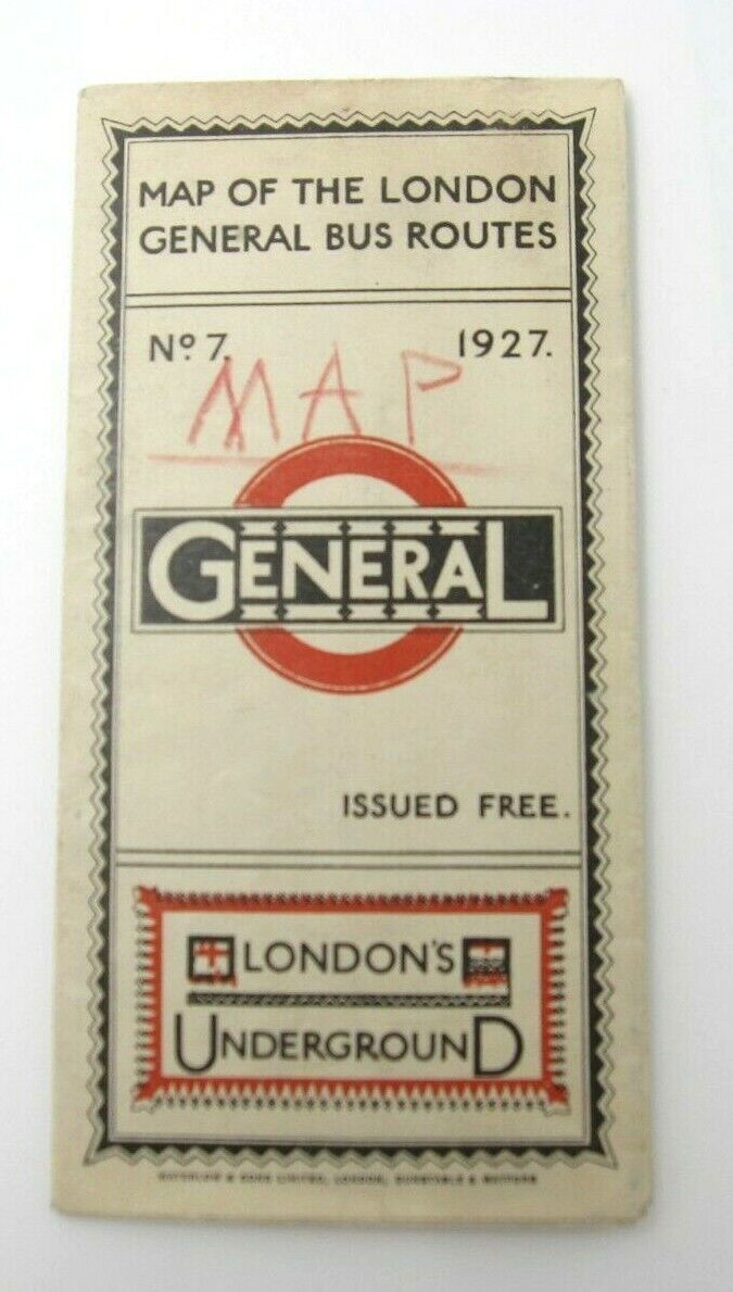 VTG 1927 Map of Underground London General Bus Routes No 7 Map