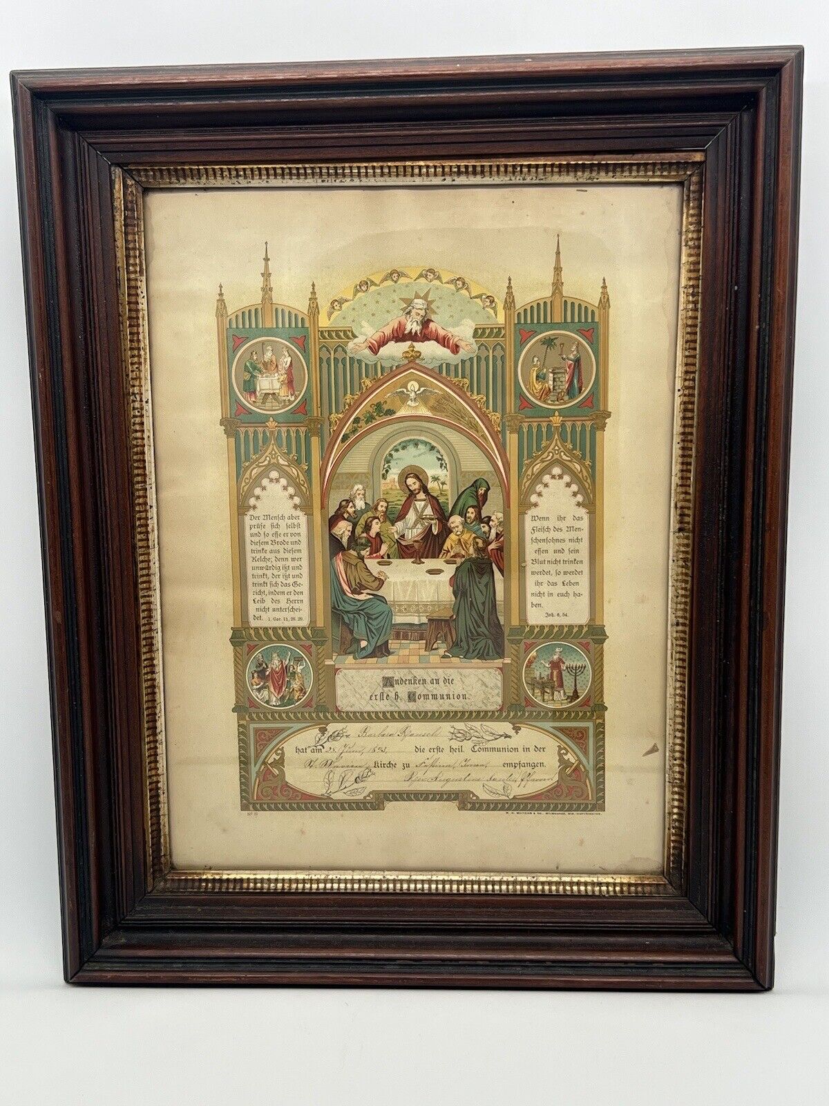 Vintage Remembrance of First Holy Communion Framed German Certificate 1893