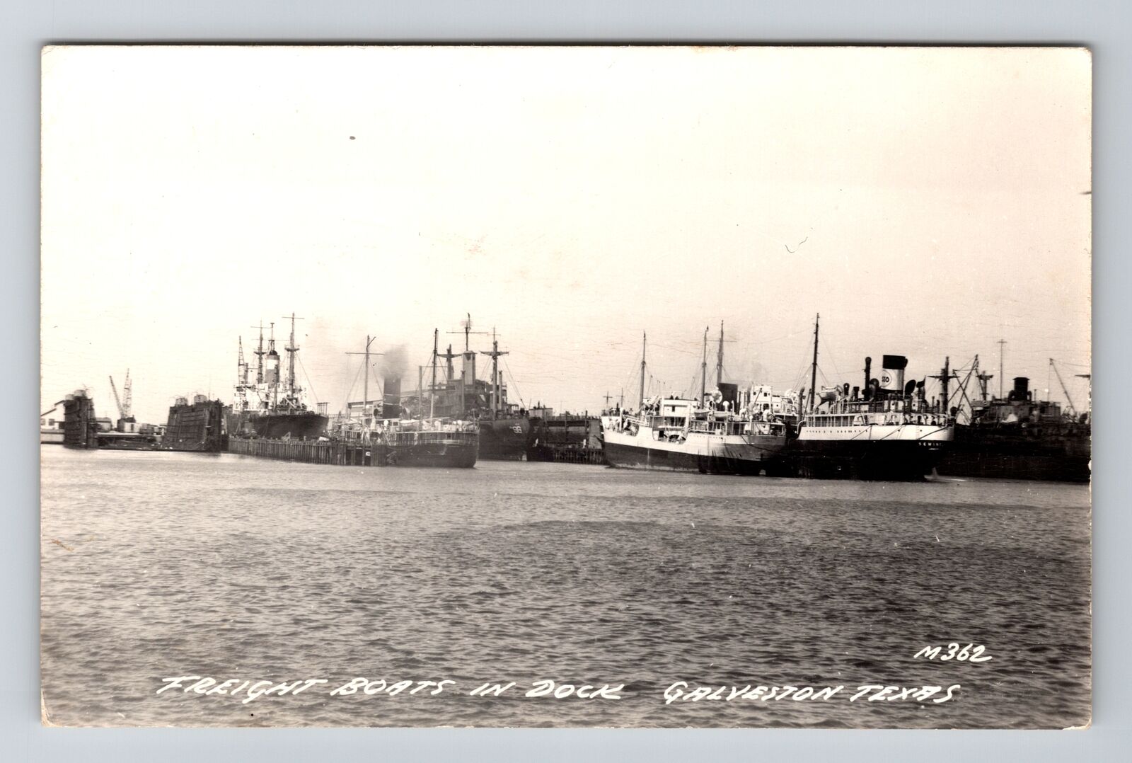 Galveston TX-Texas RPPC, Freight Boats in Dock Vintage Real Photo Postcard