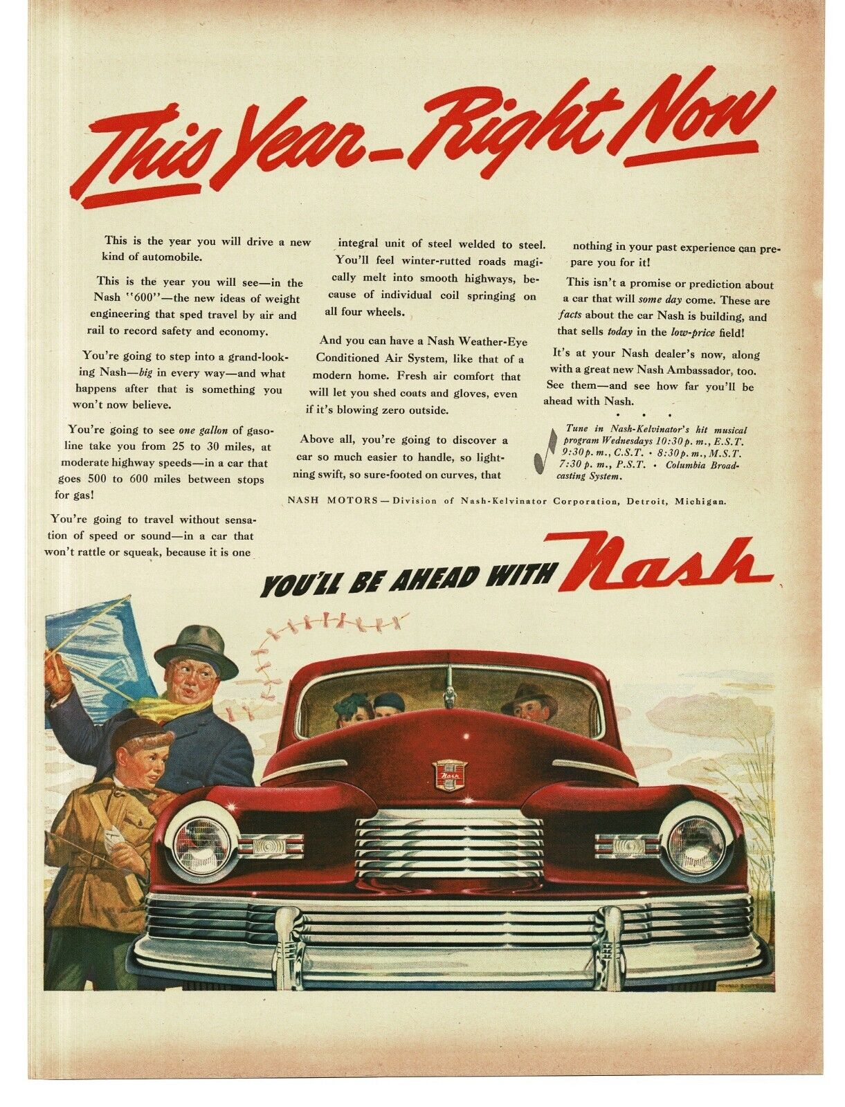 1946 Nash 600 Red Sedan front view Kite Fliers art Vintage Print Ad
