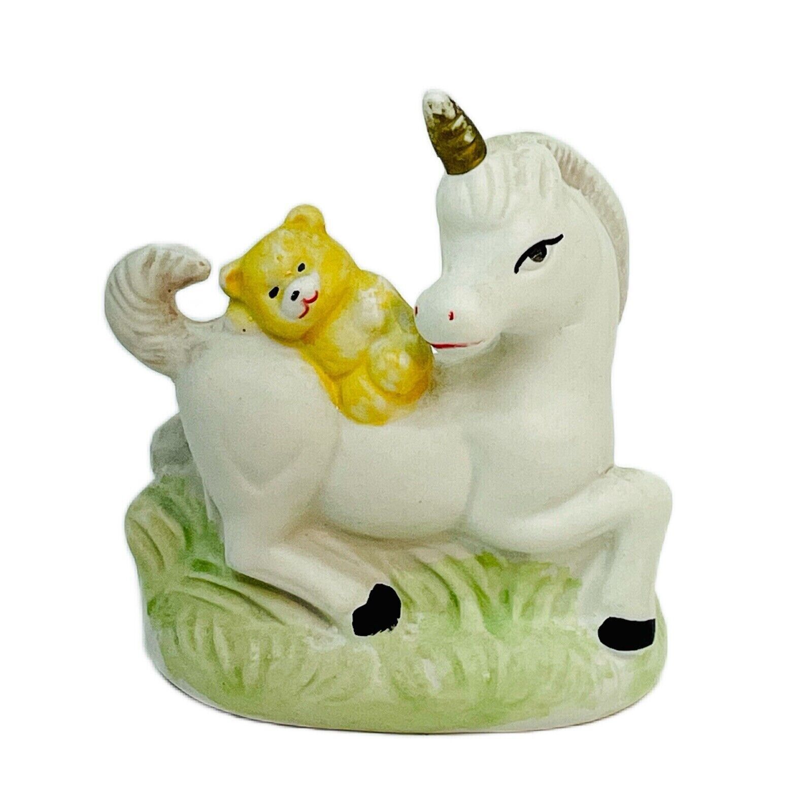Whimsical Vintage Porcelain Figurine Yellow Teddy Bear Riding White Unicorn