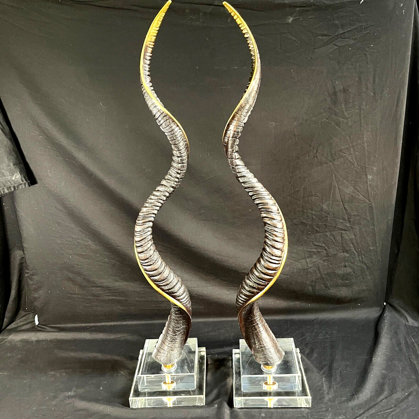Two African Safari metal gold lined Horn Sculptures with Stands 40''