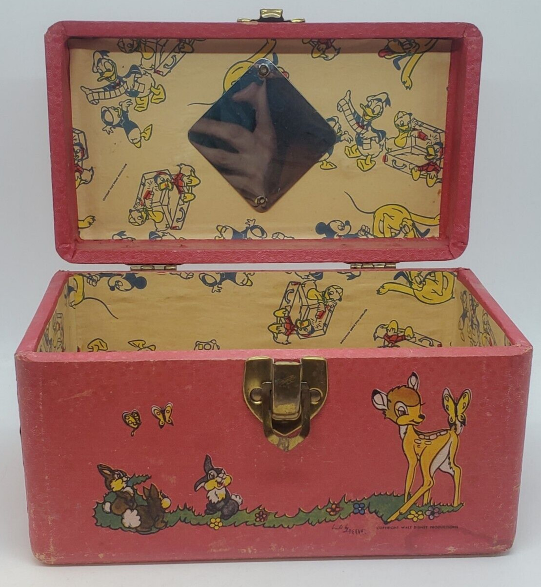 Walt Disney Neevel Doll Suitcase Toy Case  Vintage Box Mirror Wood Bambi Mickey