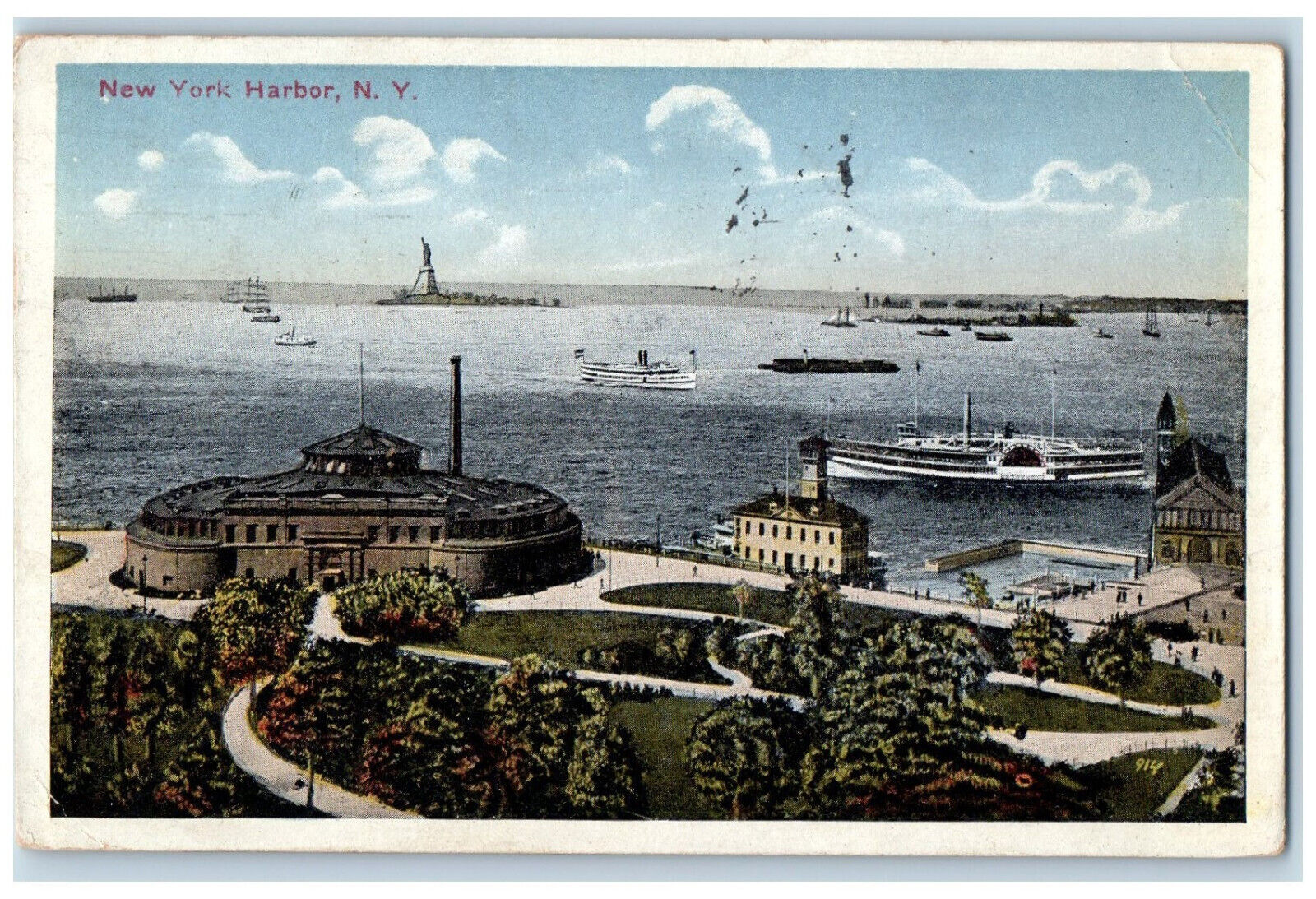 1915 Steamer Boats Buildings New York Harbor New York NY Antique Postcard