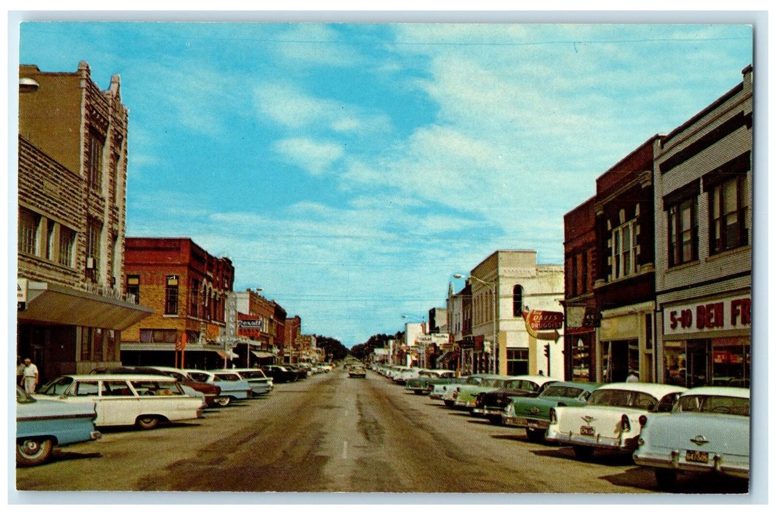 c1950 Broadway Street Classic Cars Buildings Stores Monett Missouri MO Postcard