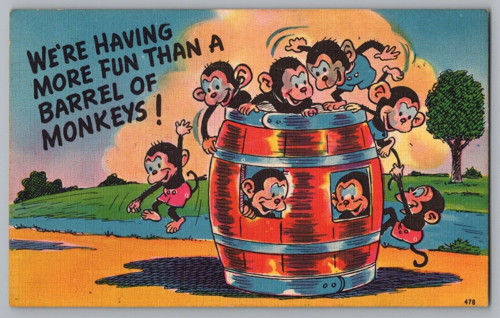 Postcard c1955 We\'re Having More Fun Than A Barrel Of Monkeys