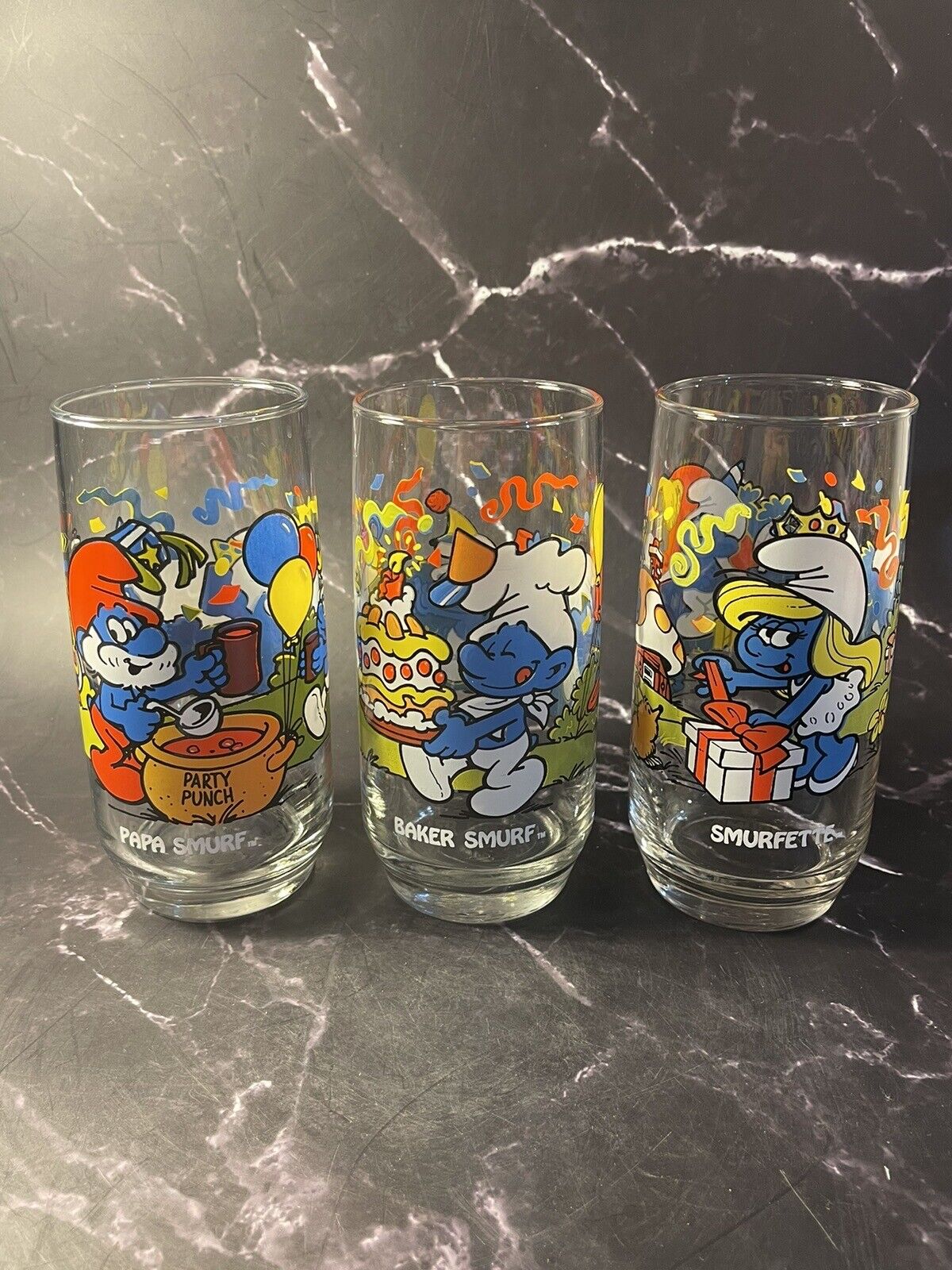 1983 Hardees Smurf Glasses Set of 3 Papa Smurf, Smurfette, Baker Smurf Peyo