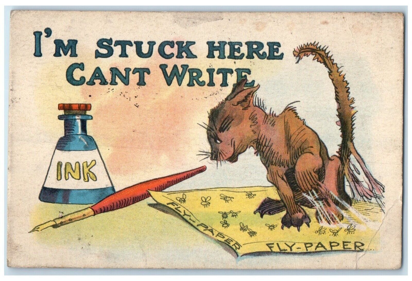 1914 Rat Trapped Fly Paper I\'m Stuck Here Cant Write Ink Danube MN Postcard
