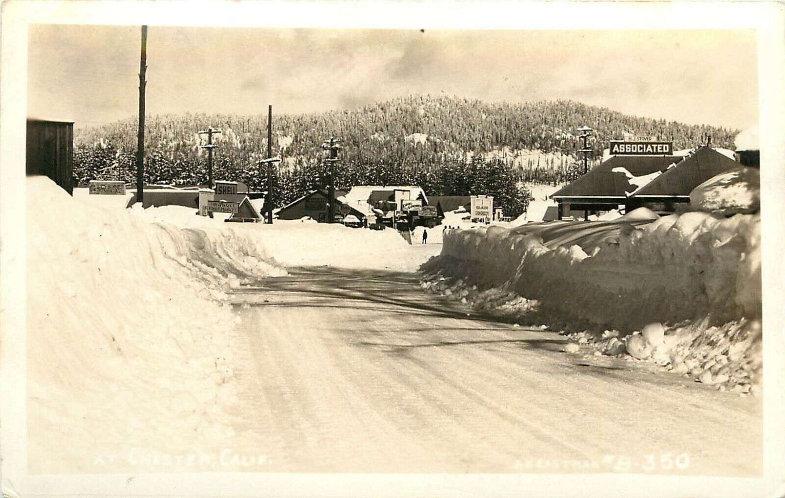 1930s Eastman RPPC Postcard B-350 Town View Chester CA in Snow Plumas Co Signs