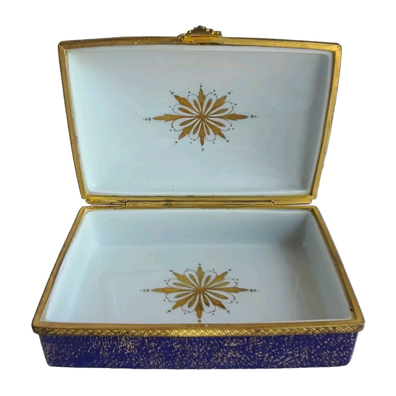 ANTIQUE LIMOGES FRANCE BLUE GOLD HAND PAINTED PORCELAIN TRINKET JEWELRY BOX