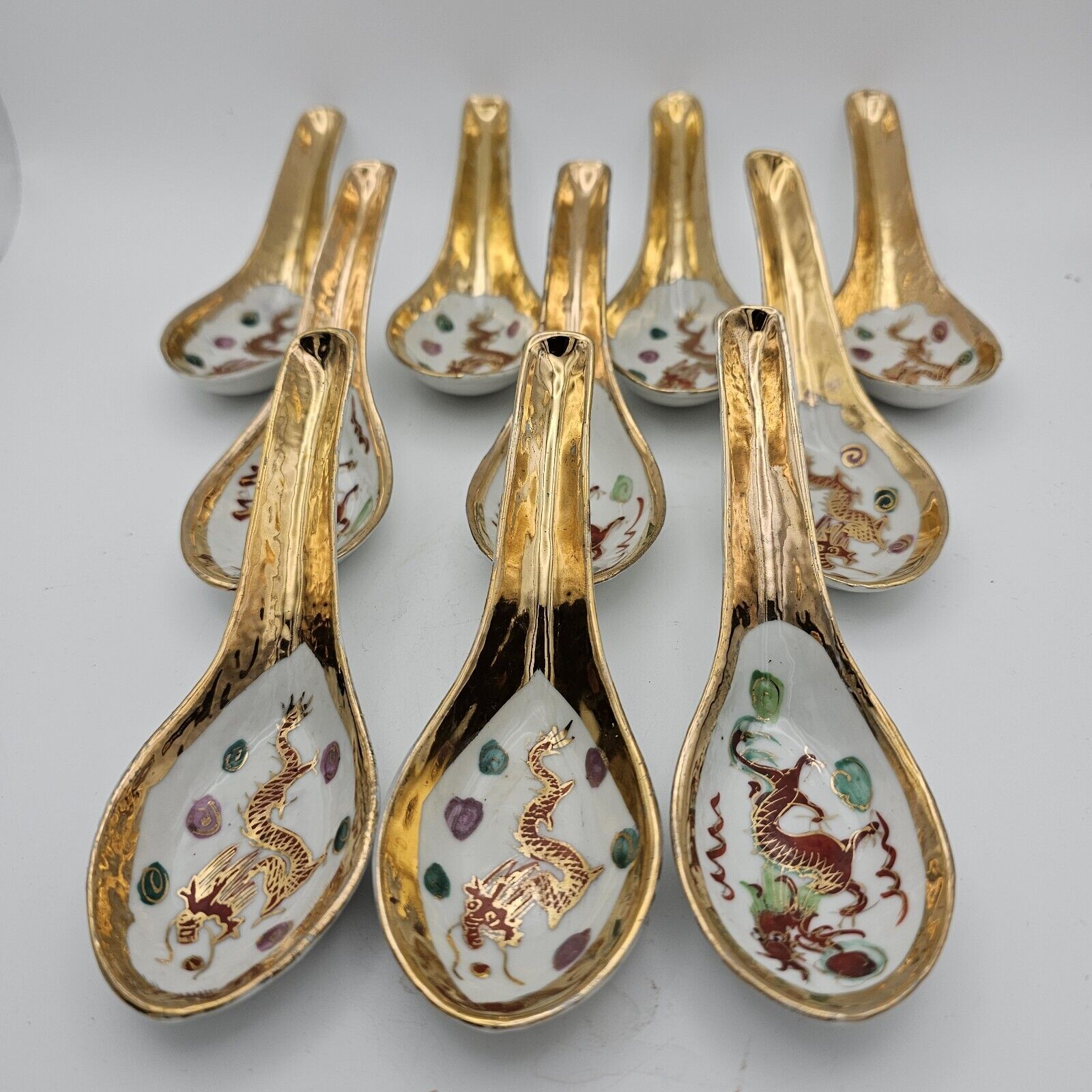 Set Of 10 Dragon Design Rice Ladle/Spoon Each Hand Painted Unused But Pre-owned