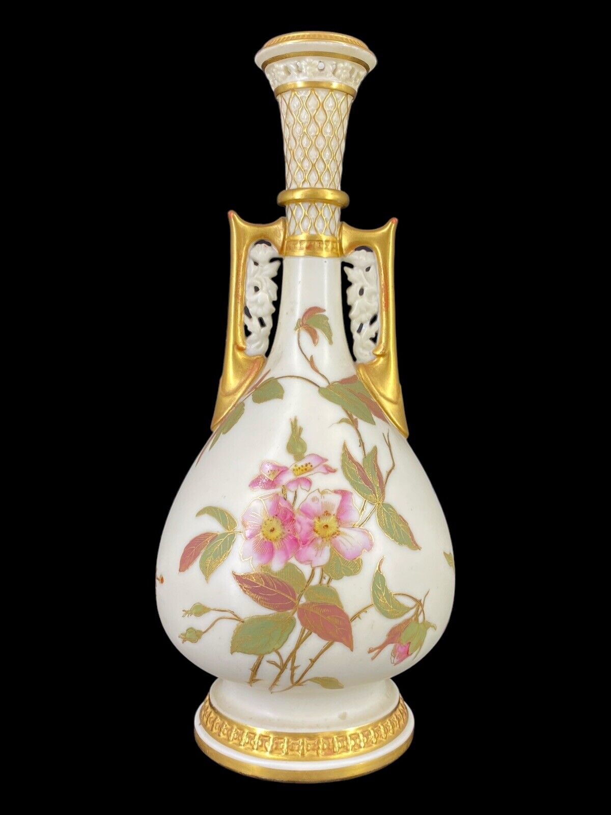 Antique Royal Worcester #942 Blush Ivory English Porcelain Gilt Floral Vase 10