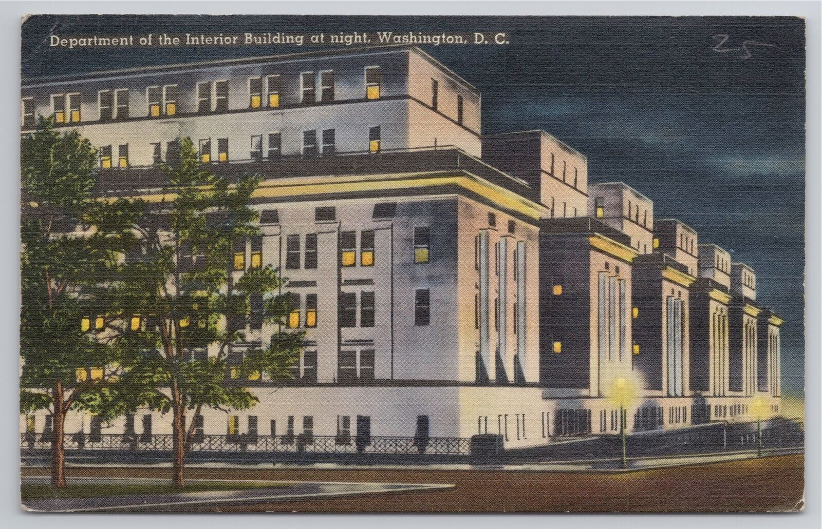 Postcard  Department of Anterior at Night c1941 Washington DC