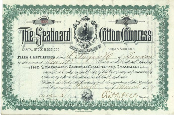 Seaboard Cotton Compress Co. - Stock Certificate - General Stocks