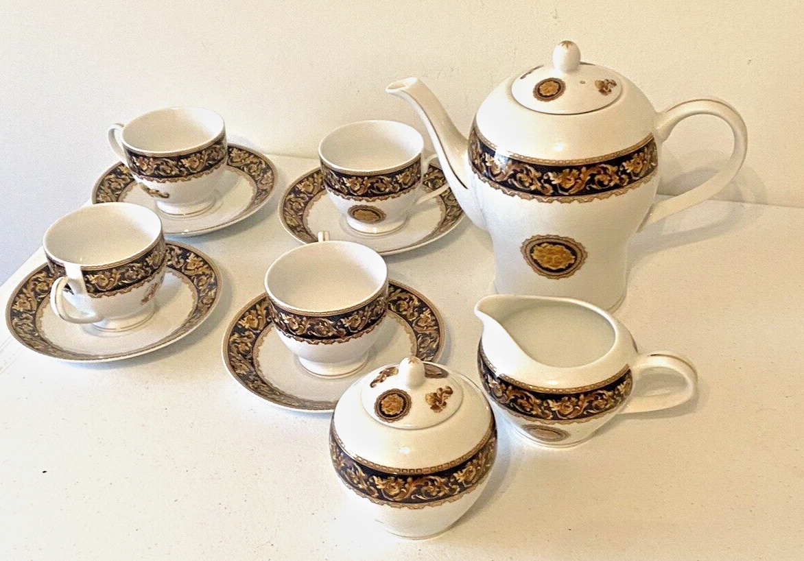 Vintage Casa Elite Designed By M.Valenti Tea Set Teapot Blue Gold Medusa Italy