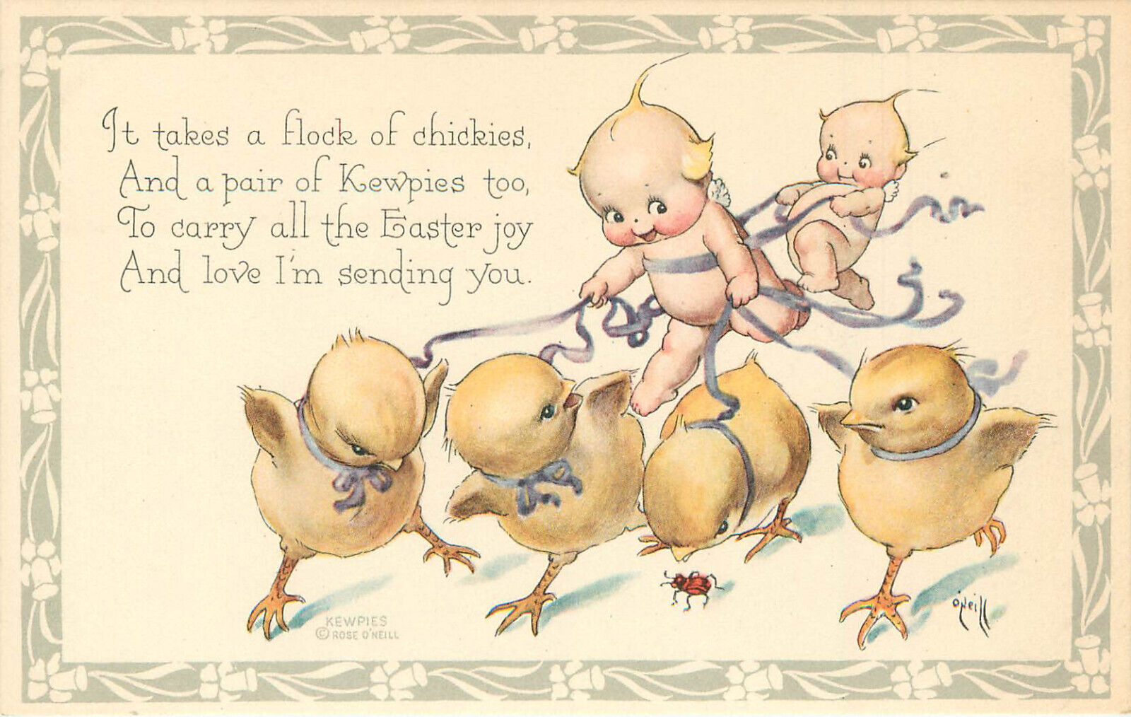 Gibson Art Postcard Rose O'Neill S/A Kewpie Easter Flock Of Chickens & Beetle