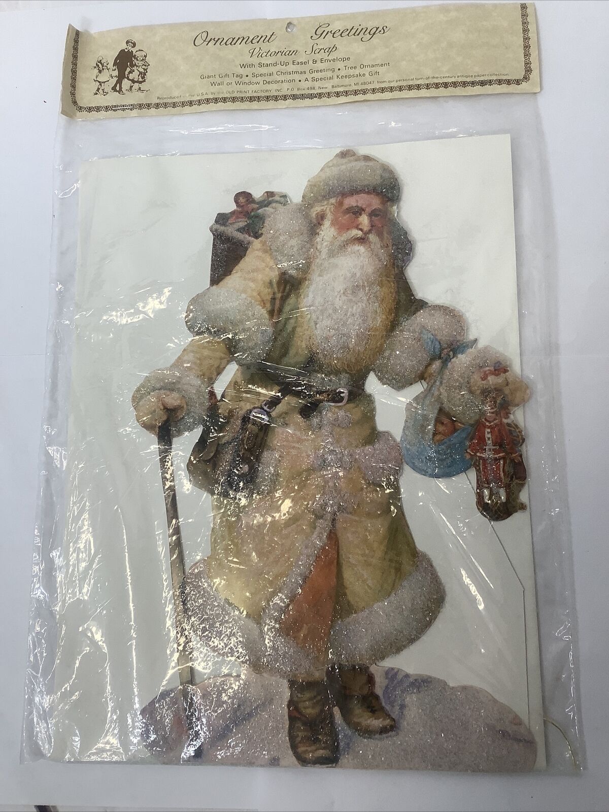 Victorian Scrap Die Cut Large Santa W/ Toys & Gifts Ornament Greetings W/ Easel