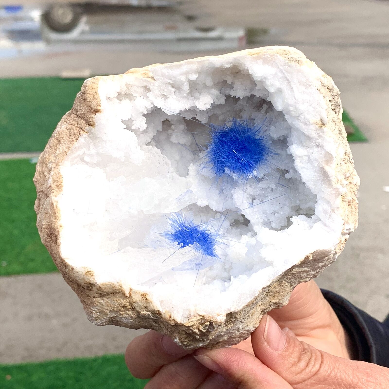 1.78LB Rare Moroccan blue magnesite and quartz crystal coexisting specimen