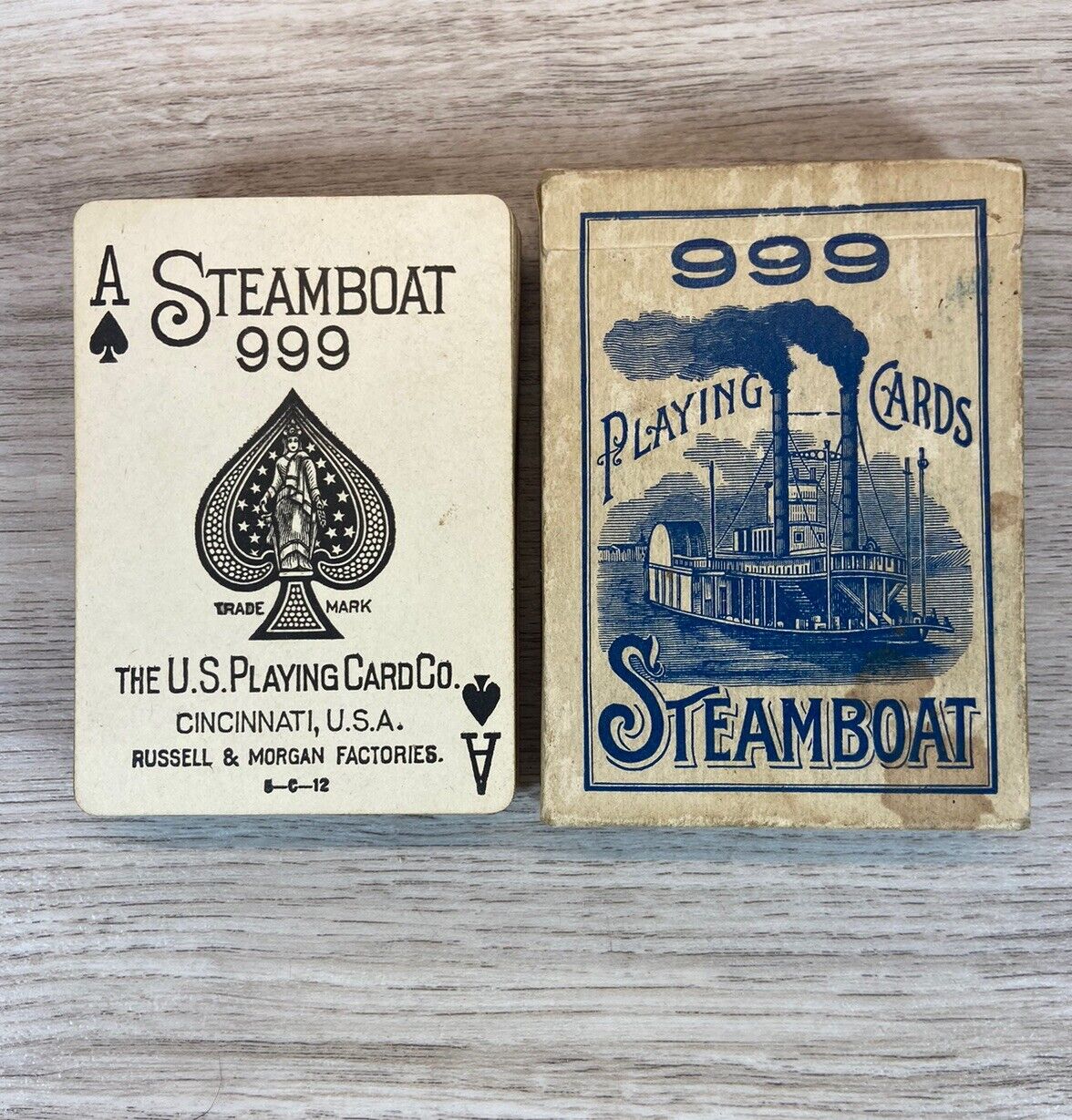 c1910s Steamboat No 999 Boxed Deck Playing Cards Russell & Morgan 52/52 & Rules