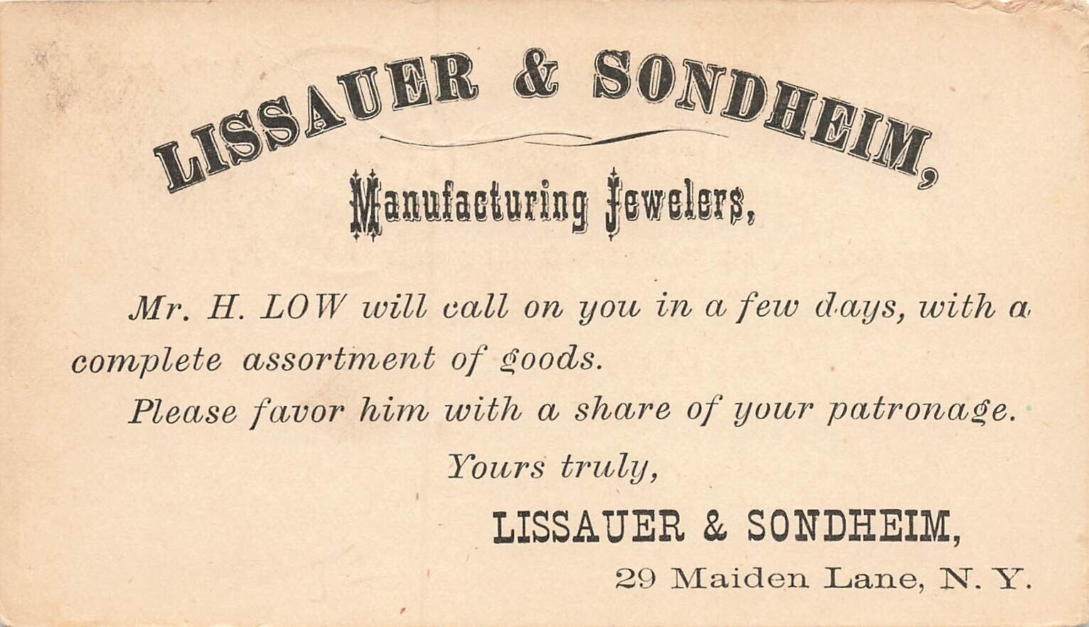LP28  New York City Advertising Lissauer & Sondheim Jewelers Pioneer Postcard