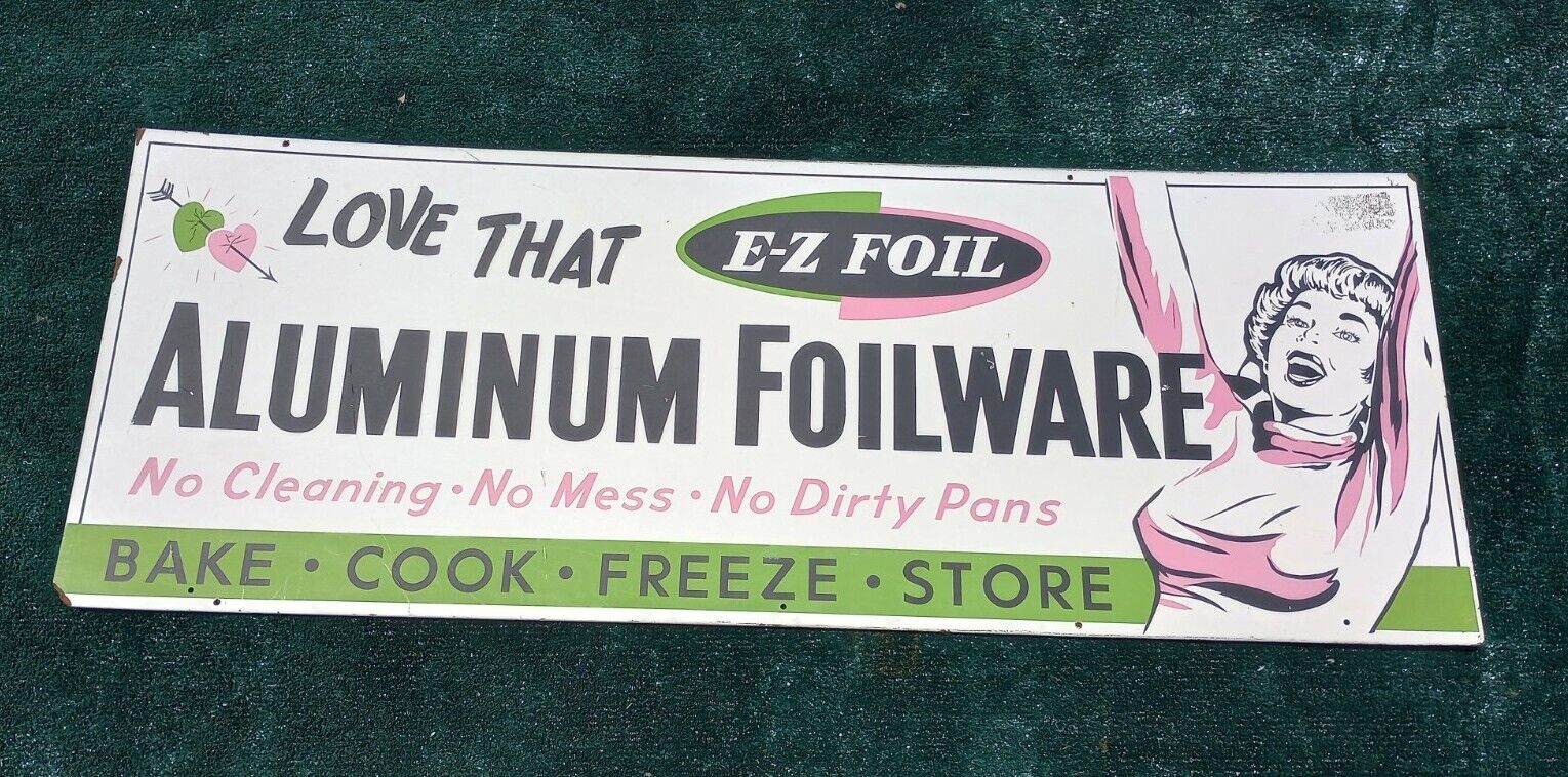 1960s EZ-Foil Aluminum Foilware Baking Cook Sign. Masonite. Large 18x48