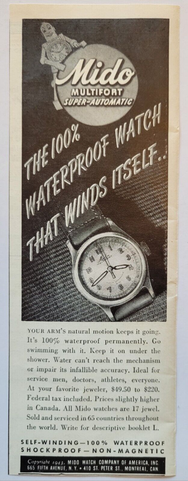1943 Mido Self-Winding Watch Waterproof Shockproof Non-Magnetic Ad 2.6\