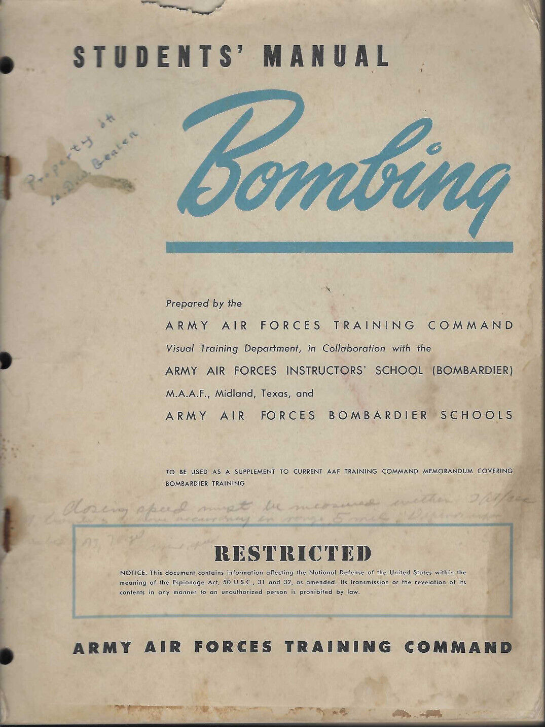 ORIGINAL 1944 WWII AAF BOOK STUDENTS' MANUAL AERIAL BOMBING M-SERIES BOMBSIGHT