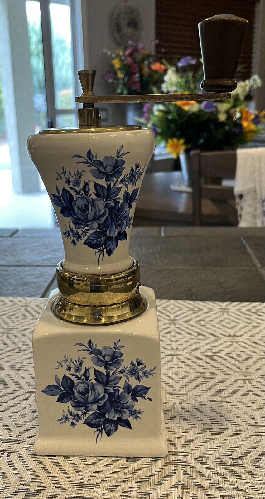 Vintage White & Blue Rose Porcelain Coffee Grinder Brass Trim From Italy
