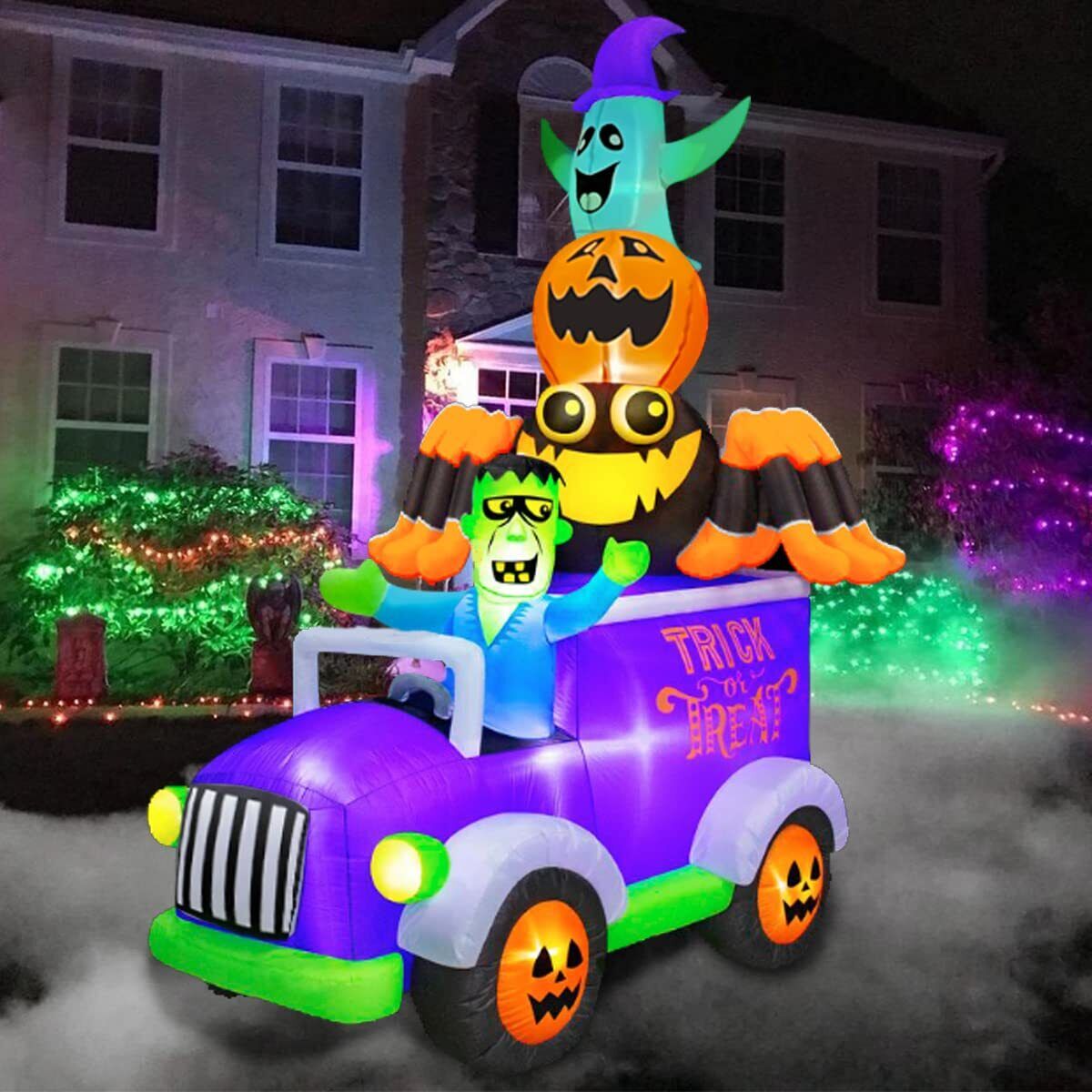 BLOWOUT FUN 8ft Halloween Inflatable Horror Frankenstein Driving A Car with S...