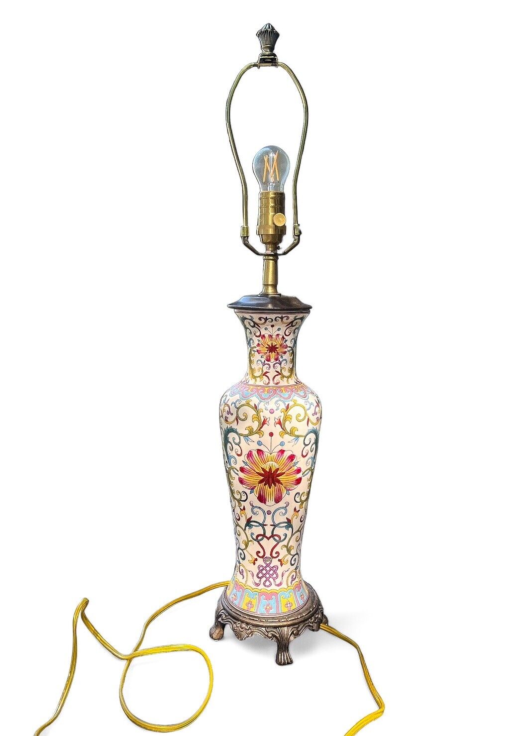 Vintage Chinoiserie Lamp Hand Painted Boho 31.5” Porcelain Vase Lamp