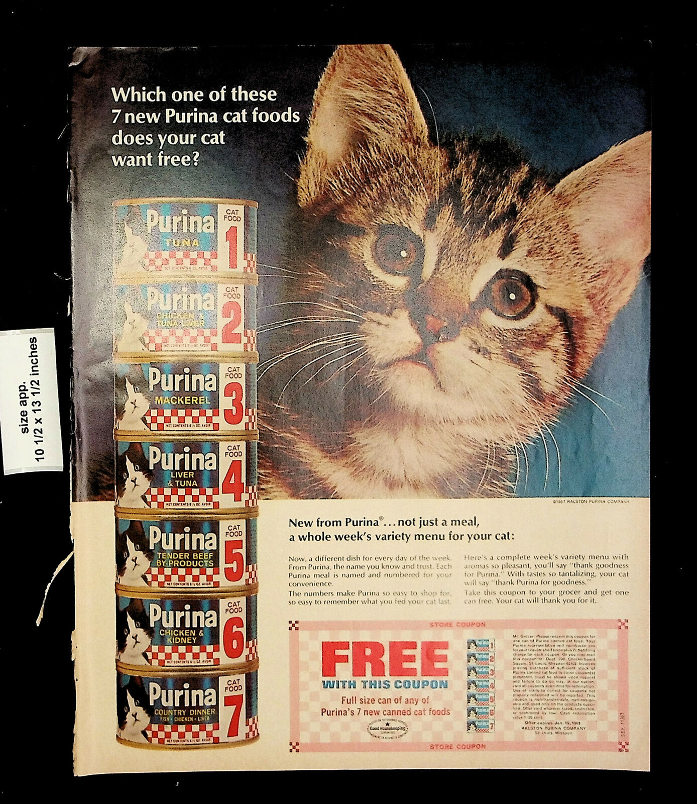 1967 Purina Chicken & Kidney Flavor Cat Food Kitten Vintage Print Ad 24487