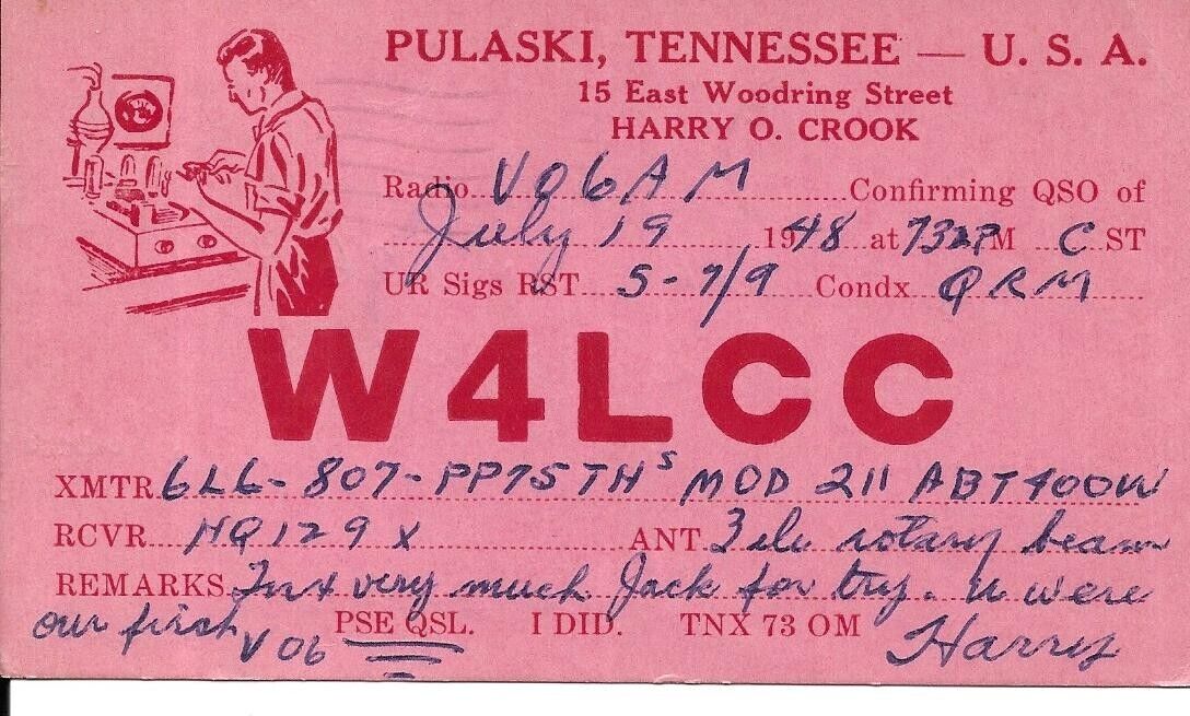QSL 1948 Pulaski   TN   radio card