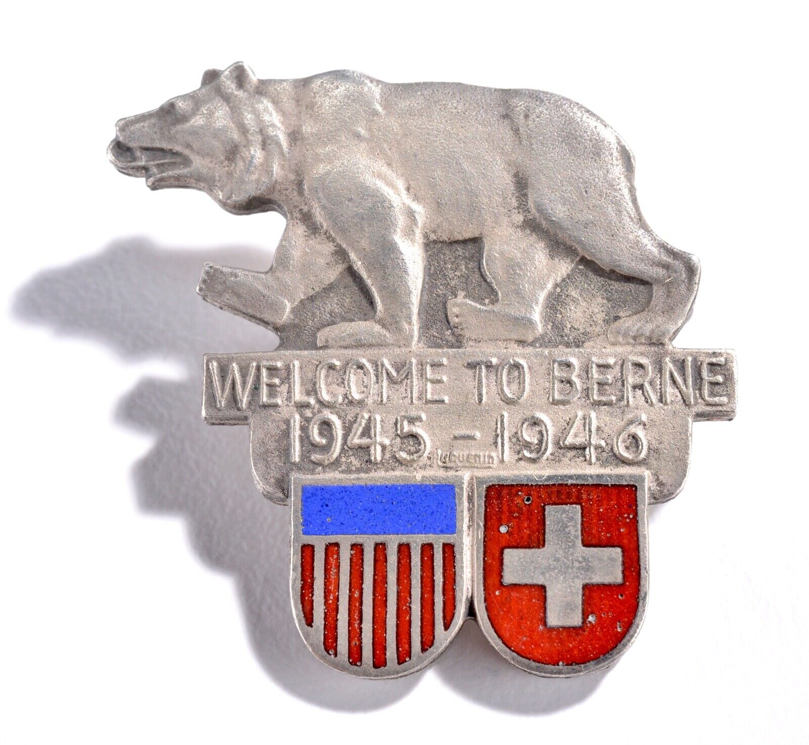 Vintage WWII Era “Welcome To Berne” Pin - 1945-1946 Silver Tone USA Switzerland