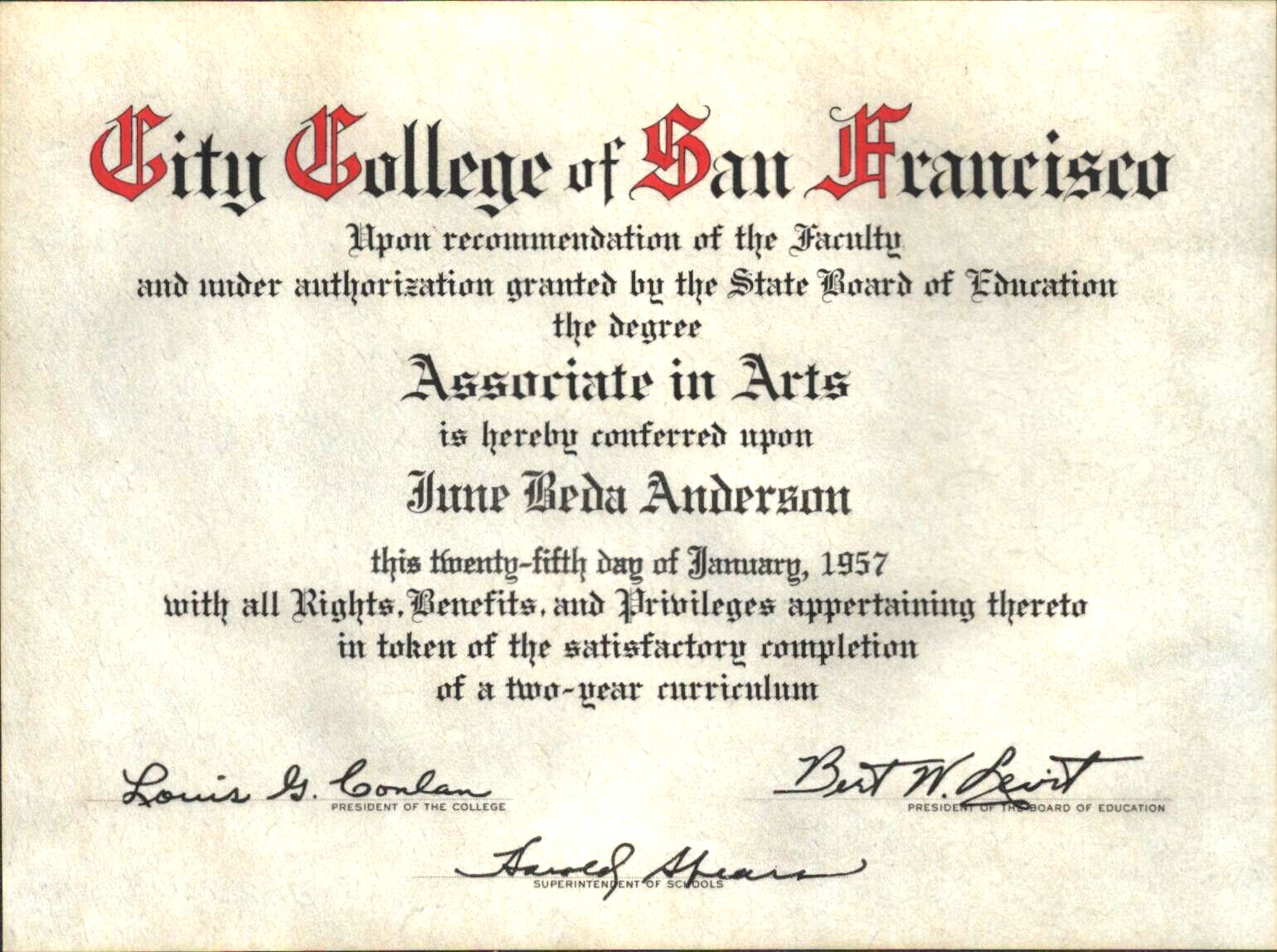 1957 CITY COLLEGE OF SAN FRANCISCO vintage certificate ASSOCIATE IN ARTS DEGREE