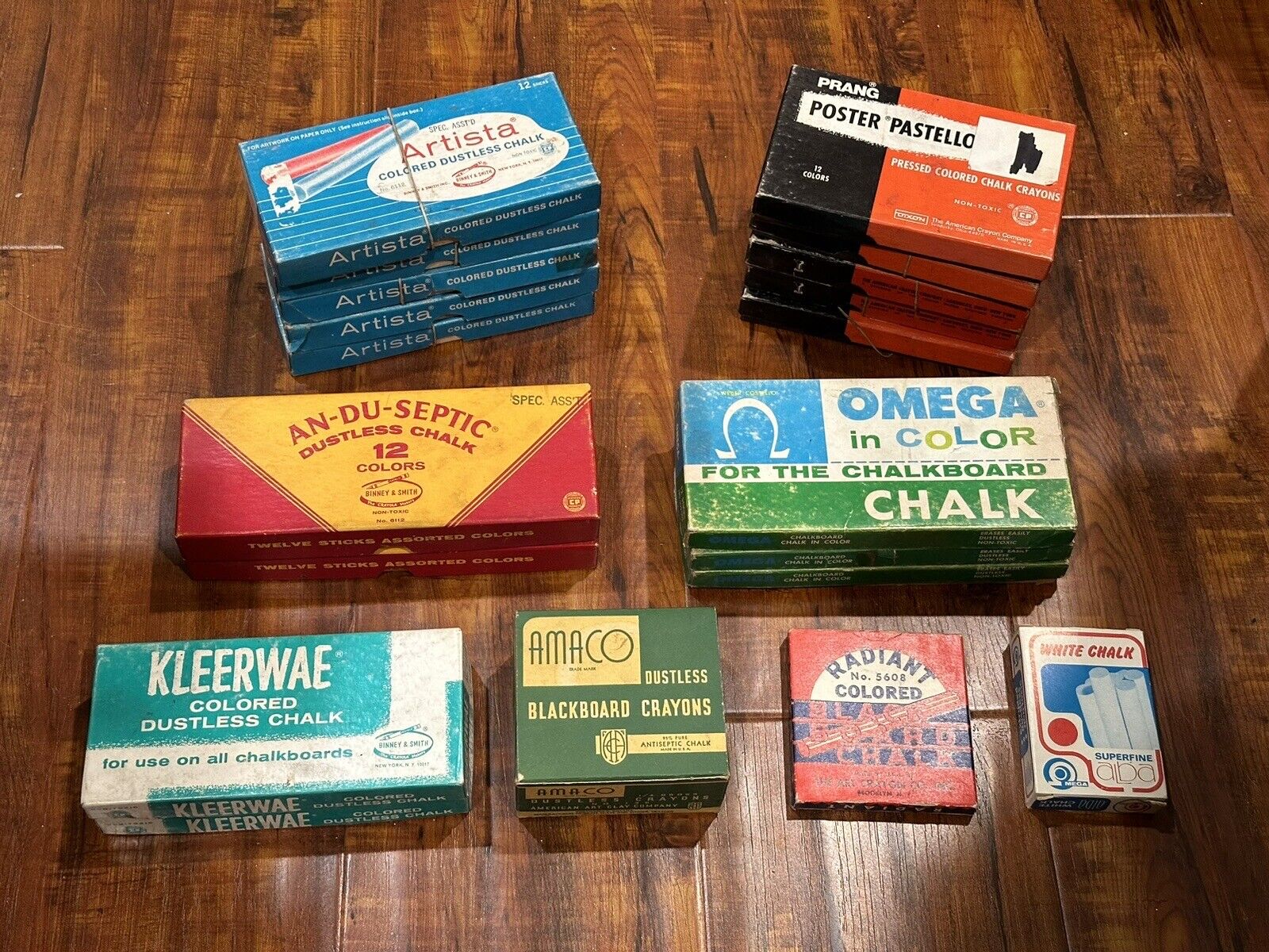 (20) Vintage Prang An-Du-Septic Omega Artista Used Boxes of White & Color Chalk
