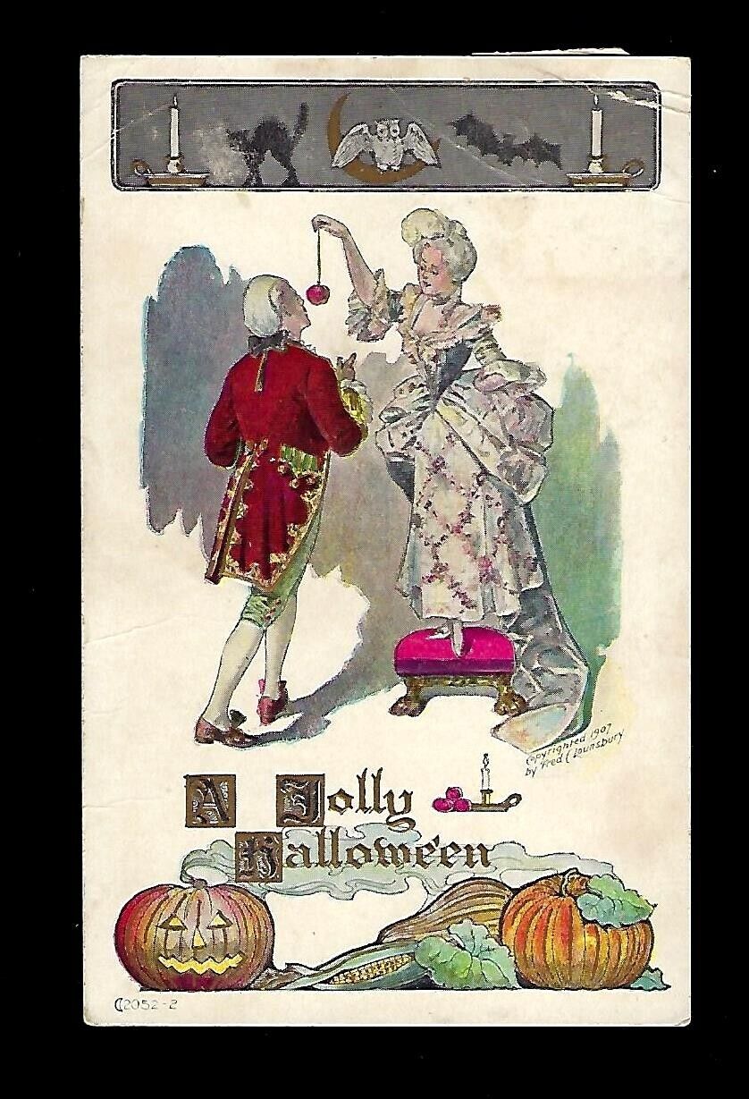 c1907 Fred Lounsbury Halloween Postcard Victorian Couple, JOL, Black Cat