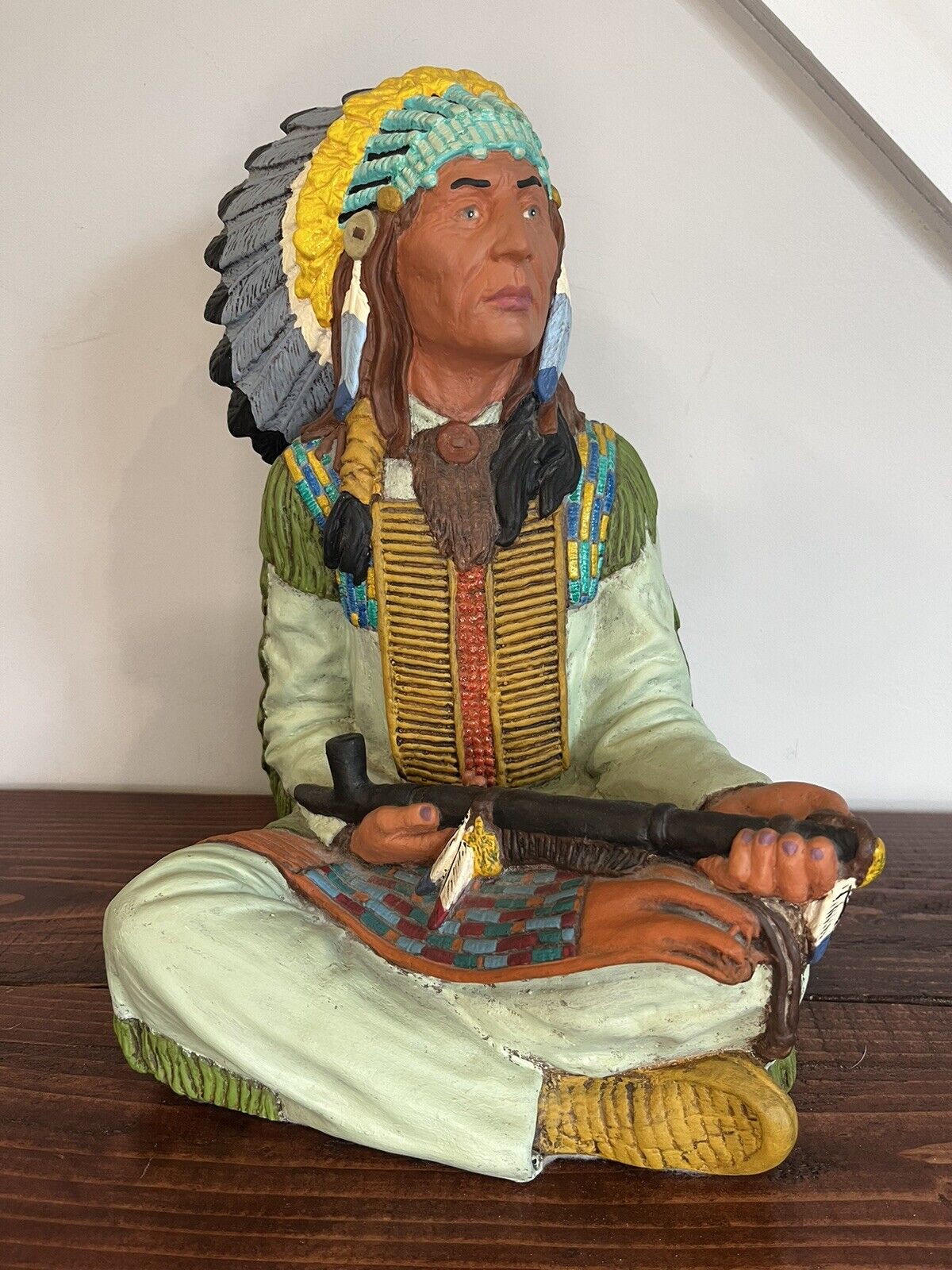Native American Indian Chief Statue Vintage Peace Tribal Colorful Figurine Decor