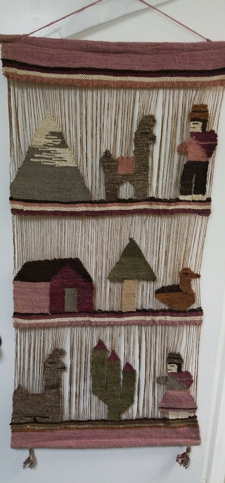 Peruvian Scene Figures Wool Decor Vintage from Estate 22 x 47