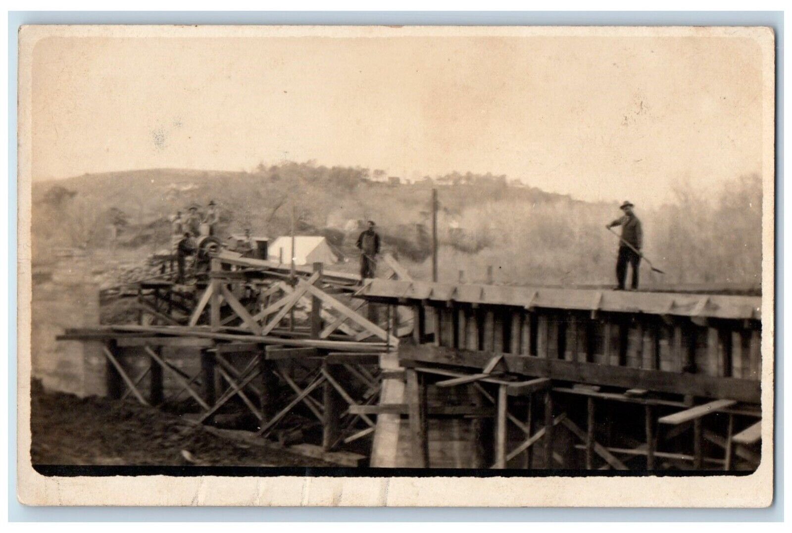 c1910's Bridge Construction Workers Tent Shovel RPPC Unposted Photo Postcard