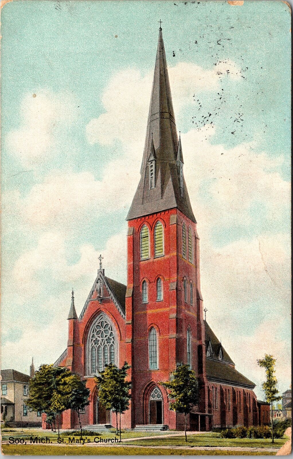 Soo MI-Michigan, St Mary's Church Vintage Souvenir Postcard