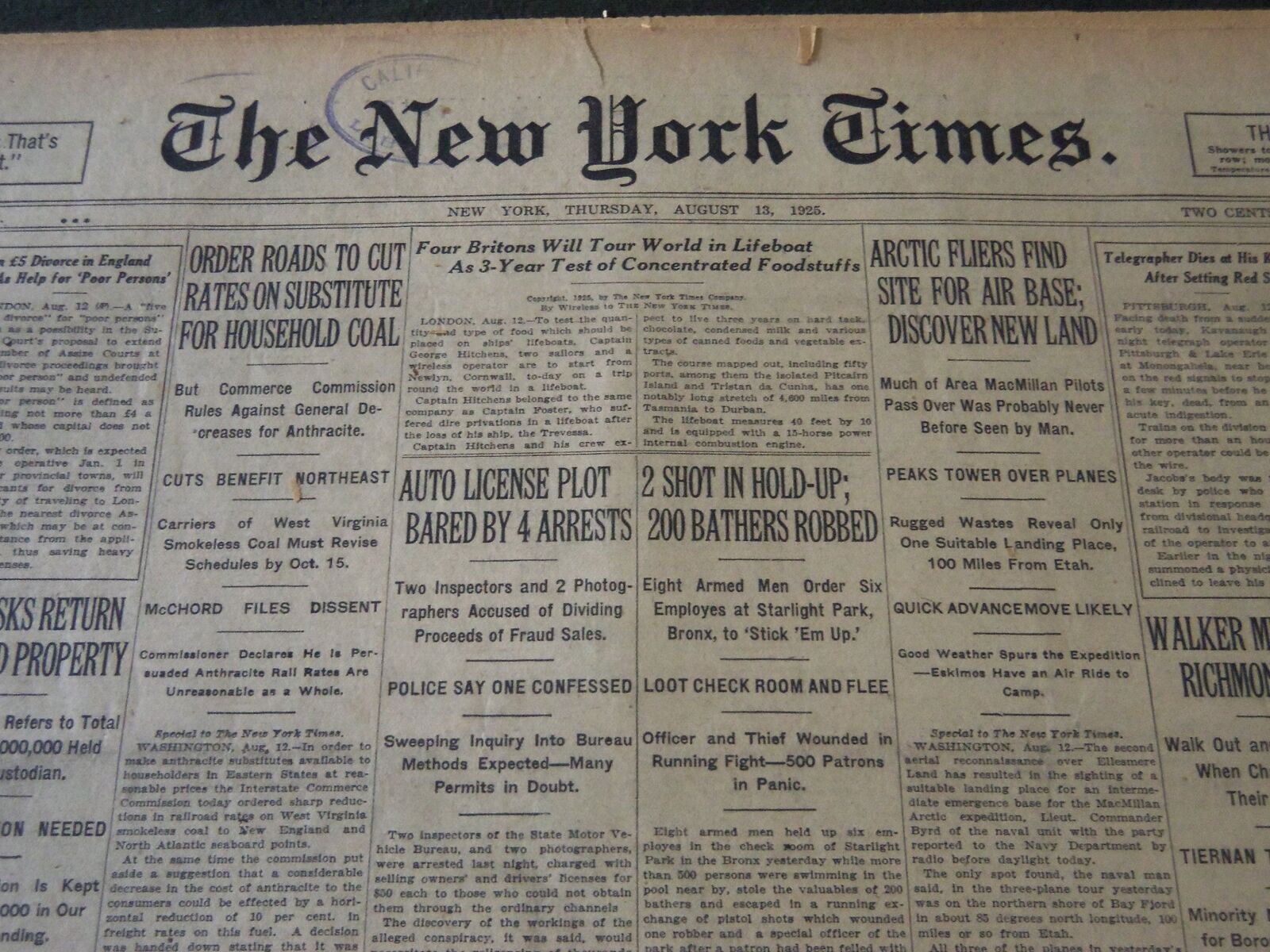 1925 AUGUST 13 NEW YORK TIMES - ARCTIC FLIERS FIND SITE FOR AIR BASE - NT 5431